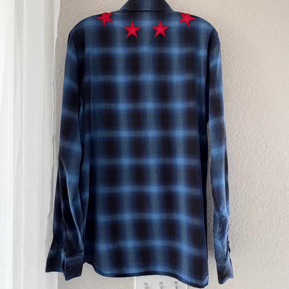 Givenchy Paris Blue Plaid Red Star Embroidered Shirt 41 17F 6010 335 Mens - Picture 2 of 10